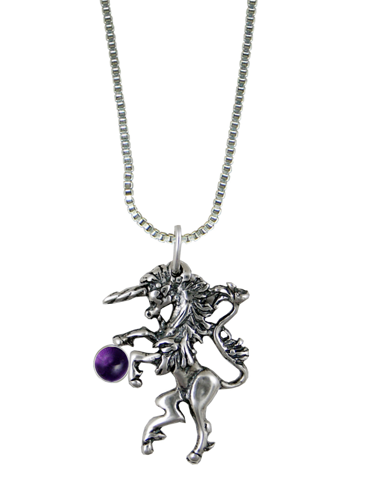Sterling Silver Little Medieval Unicorn Pendant With Amethyst